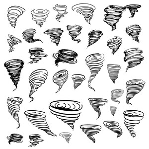 Puede incluir: Una colección de 30 ilustraciones de tornados dibujadas a mano en blanco y negro. Los tornados están dibujados en una variedad de estilos, algunos son simples y otros más detallados. Las ilustraciones son perfectas para usar en una variedad de proyectos creativos.