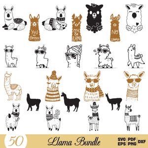Puede incluir: Un conjunto de 50 ilustraciones de llamas en blanco y negro en varias poses, incluyendo una llama con un gorro de Papá Noel, una llama con gafas de sol y una llama con una bufanda. El texto "Llama Bundle" está en la parte inferior de la imagen.