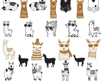Peut inclure: Un ensemble de 50 illustrations de lamas en noir et blanc dans différentes poses, y compris un lama portant un chapeau de Père Noël, un lama portant des lunettes de soleil et un lama avec une écharpe. Le texte "Llama Bundle" est en bas de l'image.