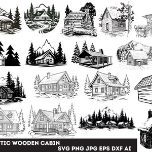 May include: A collection of 14 black and white illustrations of rustic wooden cabins in various styles. The cabins are surrounded by trees and mountains, creating a cozy and inviting atmosphere.