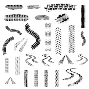 May include: A set of black tire track graphics, including straight lines, curves, and arrows. These graphics can be used for design projects, scrapbooking, or other creative endeavors.