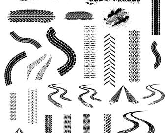 Puede incluir: Un conjunto de gráficos de huellas de neumáticos negros, que incluyen líneas rectas, curvas y flechas. Estos gráficos se pueden utilizar para proyectos de diseño, scrapbooking u otras actividades creativas.