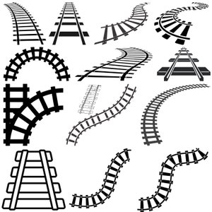 May include: A set of black and white illustrations of railroad tracks in various configurations, including straight, curved, and angled sections.