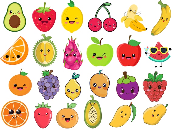 Kawaii Fruit Svg Bundle, Kawaii Fruit Clipart Bundle , Tropical Fruit Svg, happy Fruit Svg, Fruit Svg, fruits clipart, Fruits silhouette