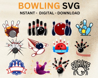 May include: A set of 10 bowling SVG designs. The designs feature various bowling ball and pin combinations, including a bowling ball with a strike, a bowling ball with a red, white, and blue ribbon, and a bowling ball with a starburst.