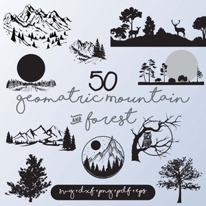 May include: A set of 50 black and white geometric mountain and forest illustrations. The illustrations are in a variety of styles, including simple outlines, detailed drawings, and abstract designs. The text "50 geometric mountain and forest" is written in a handwritten font.