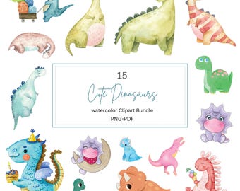 Dinosaurs watercolor clipart, cute dino clip art, neutral dinosaur PNG and PDF, nursery decor, Watercolor Clipart, Cute Dinosaurs Clipart.