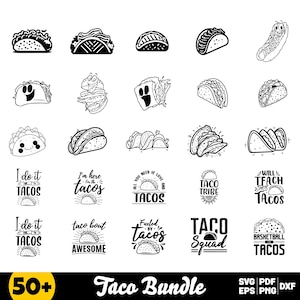 May include: A black and white graphic design bundle of 50+ taco-themed illustrations and text designs. The designs include various taco shapes, text phrases like "I do it for tacos" and "Taco Squad", and a basketball with the words "Basketball Tacos".