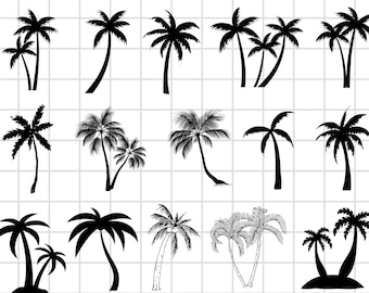 May include: A collection of 15 black silhouette palm tree illustrations. The trees are in various poses and sizes, with some leaning to the side and others standing straight up.