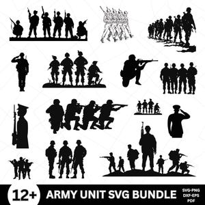 Puede incluir: Una colección de imágenes de siluetas negras de soldados en varias poses, incluyendo de pie, arrodillados y marchando. Las imágenes muestran soldados con rifles y saludando. El texto "12+ ARMY UNIT SVG BUNDLE" está en la parte inferior.