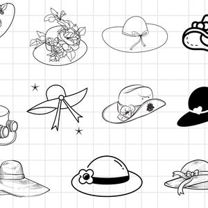 May include: A collection of ten black and white line drawings depicting various styles of hats. The hats are drawn in a simple, cartoonish style.