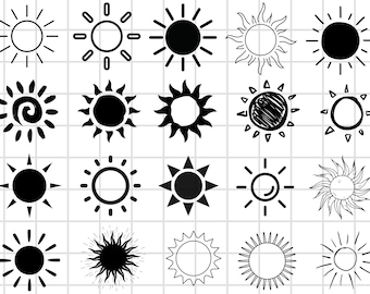 May include: A set of 20 black and white sun illustrations. The suns are drawn in various styles, including simple circles with rays, detailed swirls, and abstract shapes.