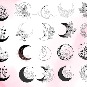 Moon SVG Bundle, Floral Moon svg, Mystic Celestial Svg, Moon and Stars SVG, Crescent Moon Svg, Cut File for Cricut, Silhouette