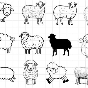 Puede incluir: Una colección de diez dibujos en blanco y negro de ovejas. Las ovejas están en varias poses, incluyendo de pie, acostadas y caminando. Algunas de las ovejas tienen lana rizada, mientras que otras tienen lana recta.