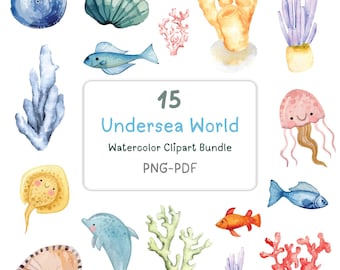 Undersea Watercolor Clipart Bundle - Nursery Decor, Baby Wall Art, Cute Ocean Animals PNG, Baby Shower, Cute Undersea Cliparts.