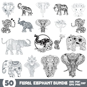 Może przedstawiać: Zestaw 50 czarno-białych ilustracji kwiatowych słoni. Słonie są w różnych pozach i mają skomplikowane kwiatowe wzory na swoich ciałach. Ilustracje są idealne do rękodzieła, scrapbookingu i innych kreatywnych projektów.