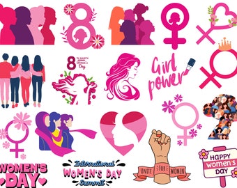 May include: A collection of pink and white illustrations celebrating International Women's Day. The illustrations include women, flowers, hearts, and the text "Girl Power", "Women's Day", "International Women's Day Summit", and "Unite for Women".