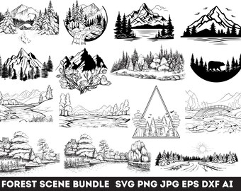Waldszene SVG-Bundle, Landschafts-Svg-Holz, Wald-Silhouette-Svg, Sofort-Download, Berg-Svg-Bundle, kommerzielle Nutzung Clipart