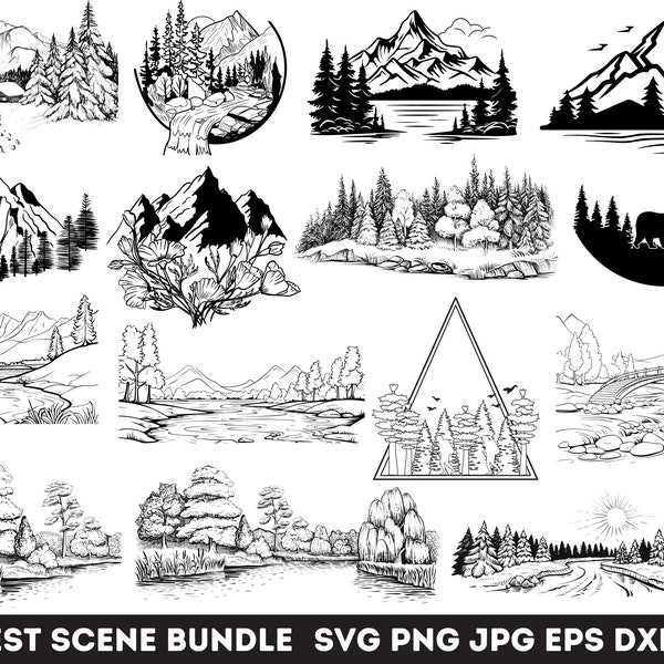 Forest scene Svg Bundle ,Landscape Svg Wood , Forest silhouette svg , Instant Download , Mountain Svg Bundle , Commercial use clipart