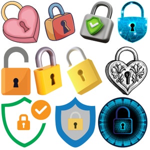 May include: A collection of colorful and stylized padlock illustrations, including a heart-shaped padlock, a padlock with a checkmark, a padlock with a keyhole, and a padlock with a digital circuit board design.  The padlocks are in various colors, including red, blue, green, and black.