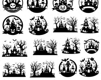 Pakiet SVG Sceny Halloween, Krajobraz Halloween, Straszna Scena SVG, Halloween DXF, Halloween PNG, Wektor Halloween