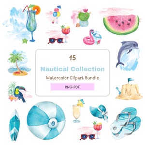 Colección de imágenes prediseñadas náuticas en acuarela, 15 imágenes PNG y PDF de playa, imágenes prediseñadas de viajes, imágenes prediseñadas de océano, PNG de verano, imágenes prediseñadas náuticas.