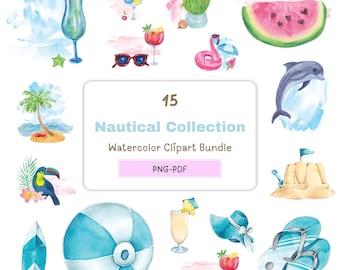 Watercolor Nautical Collection Clipart, 15 PNG and PDF Beach Clipart, Travel Clipart, Ocean Clipart, Summer PNG, Nautical Clipart.