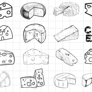 May include: A black and white illustration of different types of cheese, including cheddar, brie, and Swiss. The word "CHEESE" is written in bold letters at the top of the image.