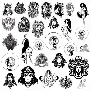 May include: A collection of black and white illustrations featuring various female figures with mystical and spiritual themes. The illustrations include women with flowing hair, crowns, and animalistic features. Some illustrations feature celestial symbols like moons and stars.