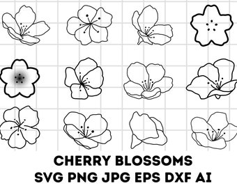 Cherry Blossom Line Art SVG, Floral SVG Bundle, Botanical Hand Drawn Illustration Clipart, Cherry Wreath Designs, Commercial Use , Stencils