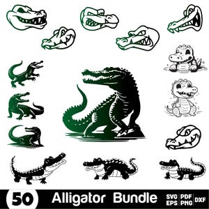 May include: A set of 50 alligator clip art images in black and green. The images include various poses of alligators, including a large alligator with its mouth open, a small alligator with its mouth closed, and an alligator with its tail curled up. The images are perfect for use in crafts, scrapbooking, and other creative projects.