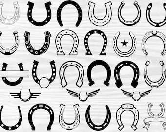 May include: A collection of 30 black and white horseshoe designs. The horseshoes are in various styles, including simple, ornate, and with added details like wings, stars, and banners.