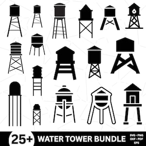 May include: A collection of 25+ black and white water tower illustrations in various designs. The water towers have different shapes and support structures, including cylindrical, domed, and rectangular tanks. The image includes the text "25+ WATER TOWER BUNDLE".