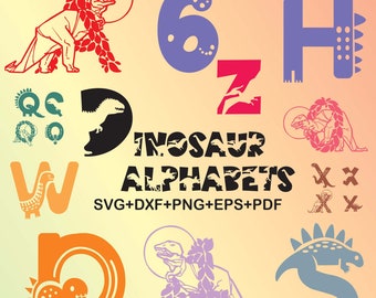 Pakiet SVG alfabetu dinozaurów, cliparty liczb dinozaurów dla Cricut, sylwetka alfabetu dinozaurów, naklejka alfabetu, pliki cięcia alfabetu SVG
