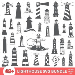 Peut inclure: Une collection de 49+ designs SVG de phares, dans divers styles, y compris des illustrations rayées, solides et détaillées. Les phares sont dans des tons de gris et de noir, certains avec des faisceaux lumineux. Le texte "LIGHTHOUSE SVG BUNDLE" est inclus.