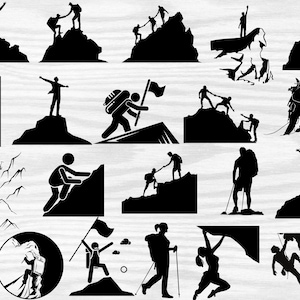 Puede incluir: Una ilustración en silueta en blanco y negro de personas escalando montañas. La ilustración muestra varias escenas de personas escalando, alcanzando la cima y ayudándose mutuamente en el camino.