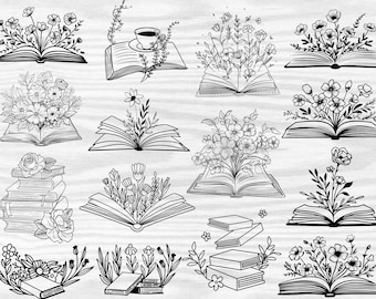 Pacote Svg de livro floral, livro com clipart de flores, livro Svg, flor Svg, linha de arte Svg, contorno de flor, arquivo de corte de flor, clipart floral