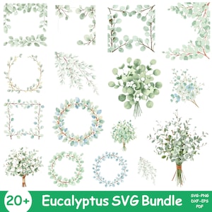 Watercolor Eucalyptus Clipart, Watercolor Greenery Clipart, Eucalyptus PNG, Eucalyptus Border Wreath, Wedding Clipart, Green Leaves, PNG