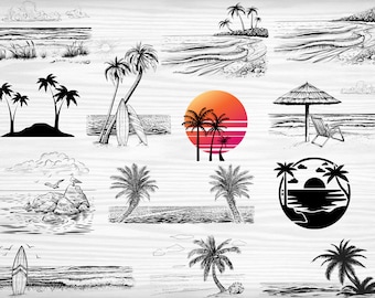 Beach Scene Svg Bundle, Instant Digital Download, SVG Cut Files , Palm Tree Svg , Beach Scene Clipart Bundle , Sea Svg , Ocean Svg