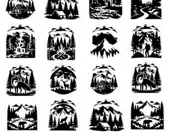 Forest Scene SVG Bundle, Woodland Silhouettes and Nature Clipart, Tree Line, Mountain Forest, Digital Files for Cricut and Silhouette