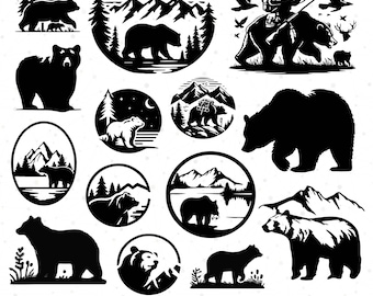 Bear svg bundle, Grizzly Bear SVG Bundle, Bear Head Cut Files, Bear and Mountains SVG, Bear in the Woodland, Commercial Use, Laser cut files