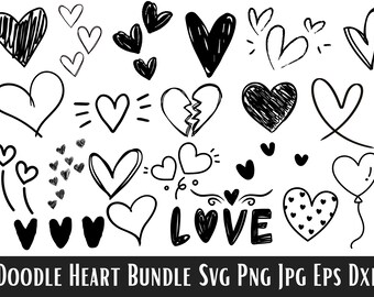 Könnte beinhalten: Ein Set mit 20 schwarz-weißen Doodle-Herz-Illustrationen. Die Herzen sind in verschiedenen Stilen gezeichnet, darunter einfache Umrisse, ausgefüllte Formen und Herzen mit Mustern. Das Wort "LOVE" ist ebenfalls im Set enthalten.