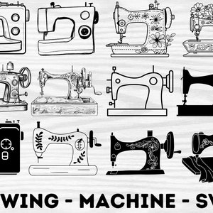 Puede incluir: Un conjunto de diez ilustraciones vectoriales en blanco y negro de máquinas de coser. Las ilustraciones son de varios estilos, incluyendo vintage, moderno y estilizado. Las ilustraciones son perfectas para usar en proyectos de manualidades, scrapbooking y otras actividades creativas.
