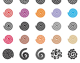 May include: A set of 50 black and white rolled flower SVG cut files. The flowers are in various shapes and sizes, with some having a more intricate design than others. The text "50 Rolled Flower" is at the bottom of the image.