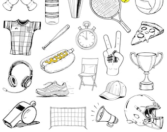 Sport Svg Bundle, Doodle Icons, Exercise Game Play Hand Drawn, Ball Workout Doodle Icons Clipart, Athletics Line Art Design Set Artwork