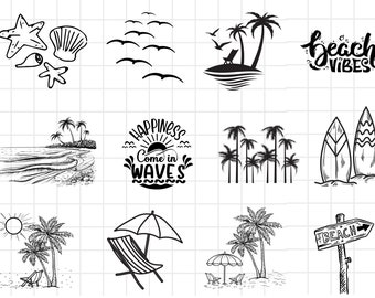 May include: Black and white illustrations of beach-themed elements, including seashells, starfish, palm trees, waves, a beach umbrella, a beach chair, a surfboard, and a sign that says "Beach".