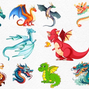 Puede incluir: Una colección de diez dragones de dibujos animados coloridos con diferentes diseños de alas y colas. Los dragones están en varias poses, incluyendo volar, estar de pie y acurrucados. Algunos dragones tienen cuernos, mientras que otros tienen púas. Los dragones son de todos los colores, incluyendo azul, verde, rojo, naranja y amarillo.