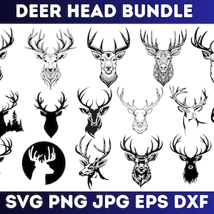 Puede incluir: Un conjunto de 18 archivos de corte SVG de cabeza de ciervo en blanco y negro. Las cabezas de ciervo están en varias poses y estilos, incluyendo algunas con cuernos y otras sin. El texto "SVG PNG JPG EPS DXF" está en la parte inferior de la imagen.