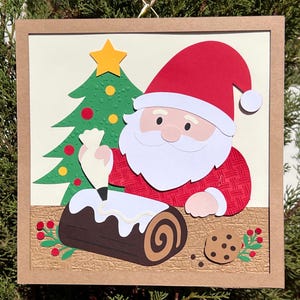 Santa Claus Decorating Yule Log SVG & DXF – Layered Square Paper-Frame