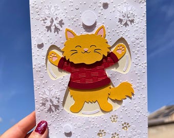 Cat Snow Angel Christmas Greeting Card SVG DXF: Layered Paper Frame (Digital Cut File)